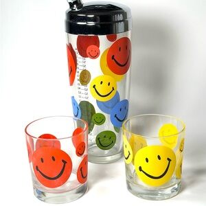 Vintage Smiley Cocktail Shaker Set, Hazel Atlas, 70s, Mod, RARE